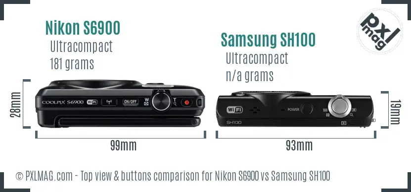 Nikon S6900 vs Samsung SH100 top view buttons comparison