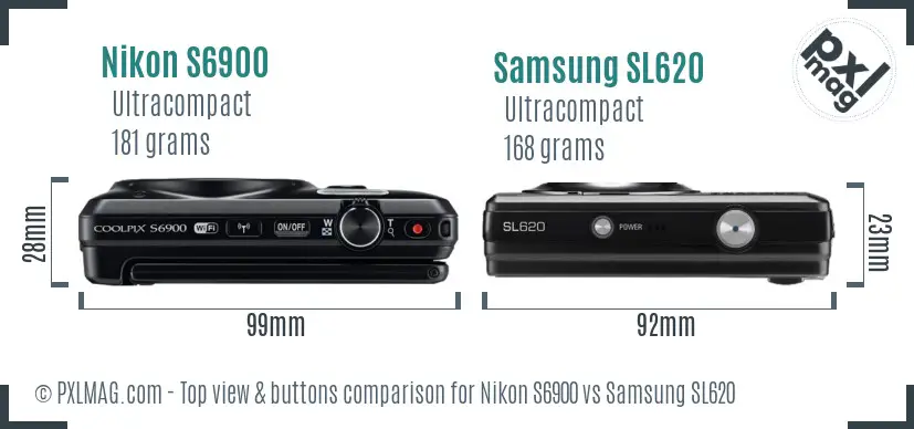 Nikon S6900 vs Samsung SL620 top view buttons comparison