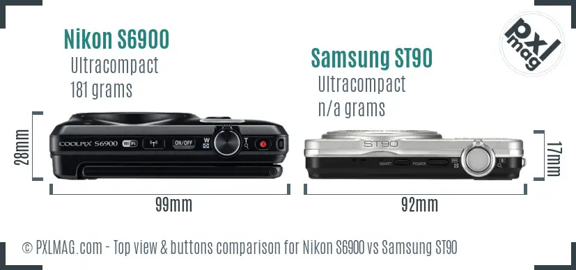 Nikon S6900 vs Samsung ST90 top view buttons comparison