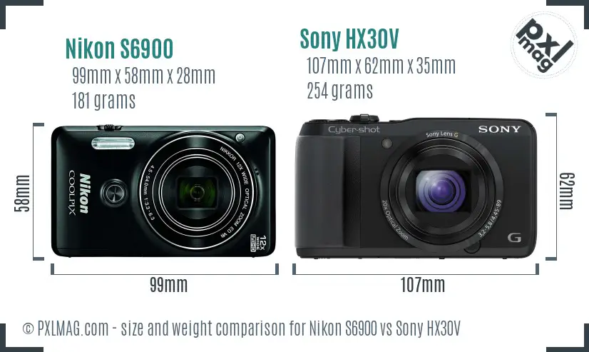 Nikon S6900 vs Sony HX30V size comparison
