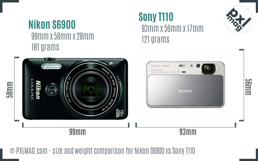 Nikon S6900 vs Sony T110 size comparison