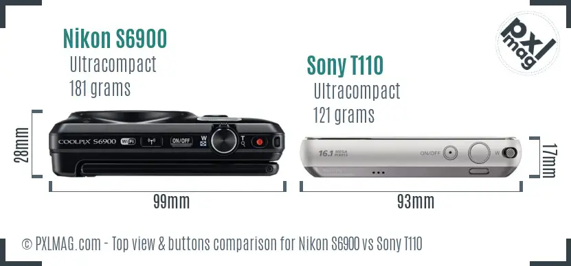 Nikon S6900 vs Sony T110 top view buttons comparison