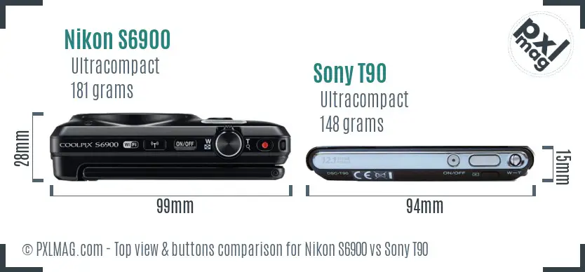 Nikon S6900 vs Sony T90 top view buttons comparison