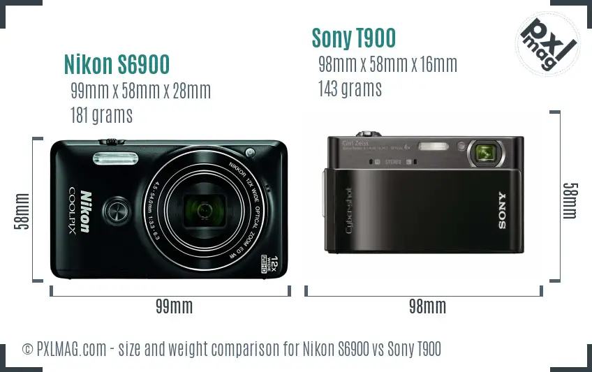 Nikon S6900 vs Sony T900 size comparison