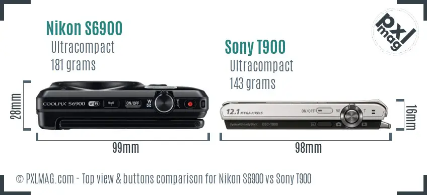 Nikon S6900 vs Sony T900 top view buttons comparison