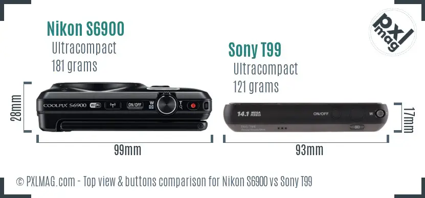 Nikon S6900 vs Sony T99 top view buttons comparison