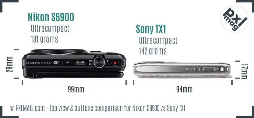 Nikon S6900 vs Sony TX1 top view buttons comparison