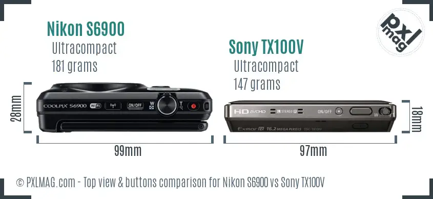 Nikon S6900 vs Sony TX100V top view buttons comparison