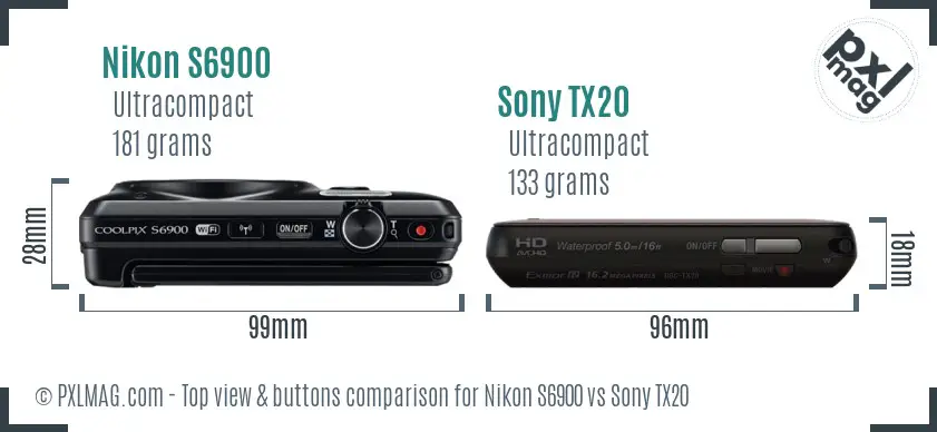 Nikon S6900 vs Sony TX20 top view buttons comparison