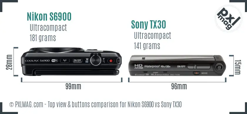 Nikon S6900 vs Sony TX30 top view buttons comparison