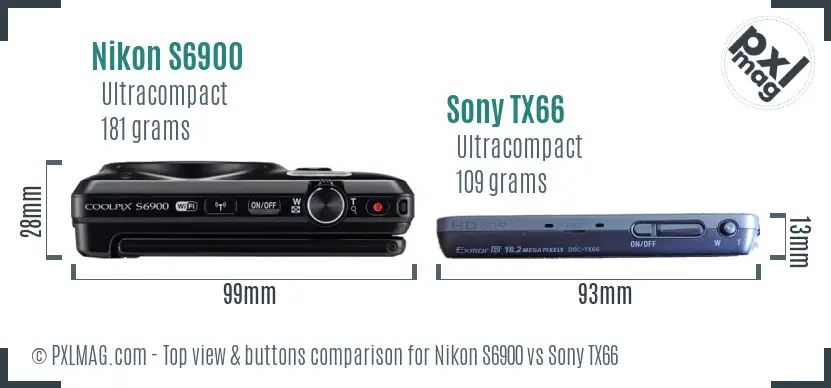 Nikon S6900 vs Sony TX66 top view buttons comparison