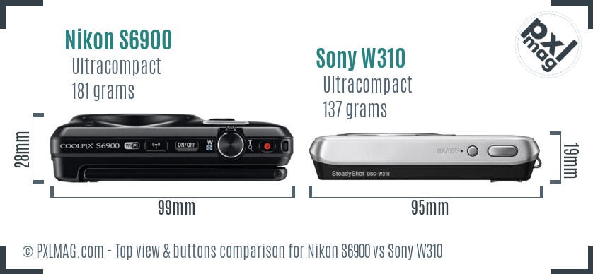 Nikon S6900 vs Sony W310 top view buttons comparison