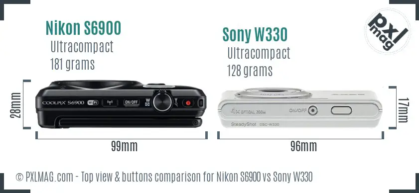 Nikon S6900 vs Sony W330 top view buttons comparison