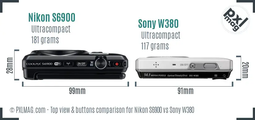 Nikon S6900 vs Sony W380 top view buttons comparison