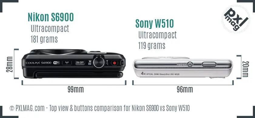 Nikon S6900 vs Sony W510 top view buttons comparison Nikon S6900 vs Sony W510 top view buttons comparison