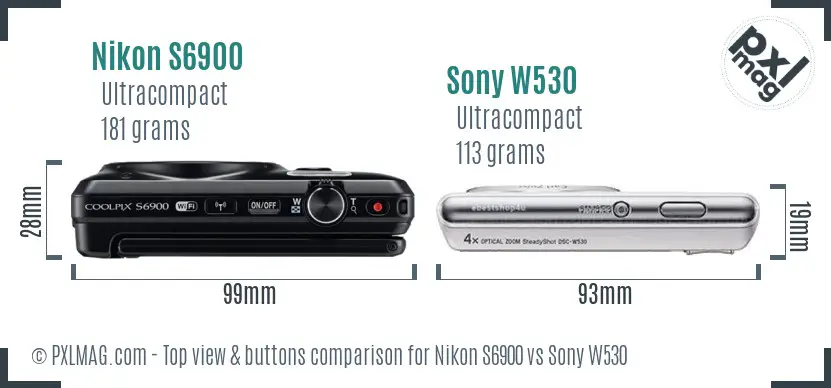 Nikon S6900 vs Sony W530 top view buttons comparison Nikon S6900 vs Sony W530 top view buttons comparison