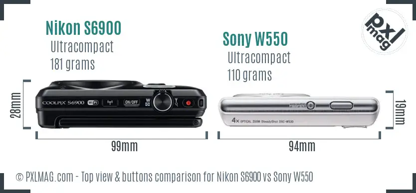 Nikon S6900 vs Sony W550 top view buttons comparison Nikon S6900 vs Sony W550 top view buttons comparison