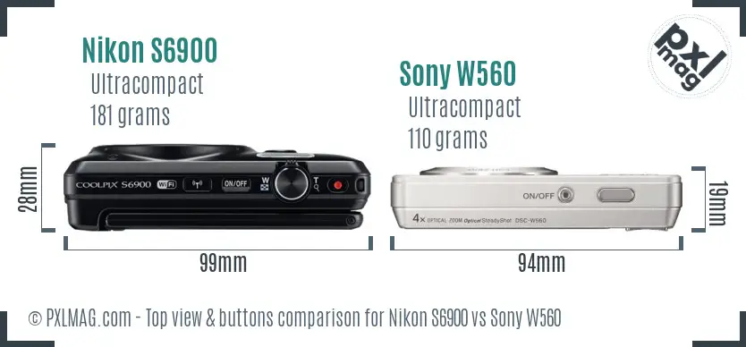 Nikon S6900 vs Sony W560 top view buttons comparison