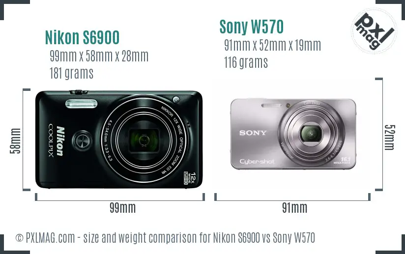 Nikon S6900 vs Sony W570 size comparison