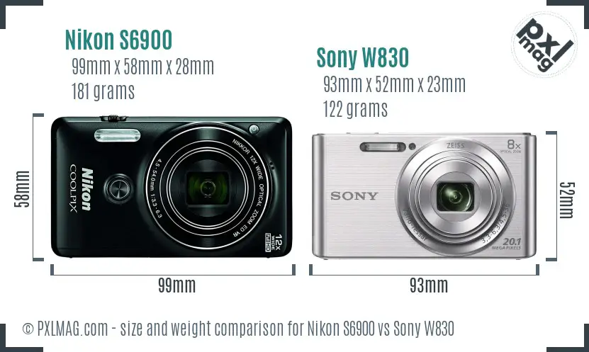 Nikon S6900 vs Sony W830 size comparison