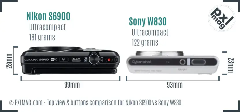 Nikon S6900 vs Sony W830 top view buttons comparison