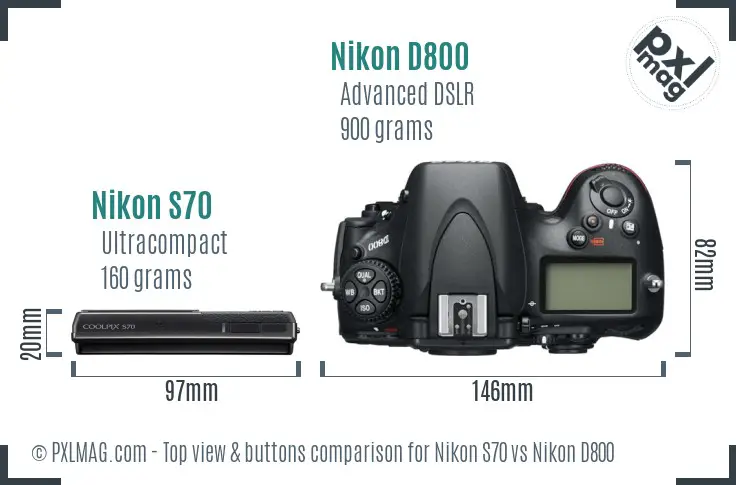 Nikon S70 vs Nikon D800 top view buttons comparison