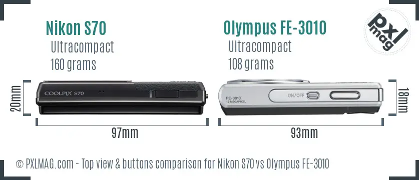 Nikon S70 vs Olympus FE-3010 top view buttons comparison Nikon S70 vs Olympus FE-3010 top view buttons comparison