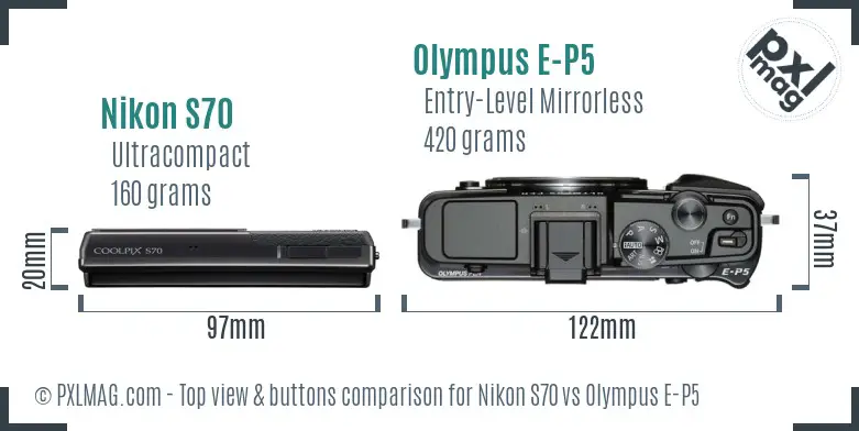 Nikon S70 vs Olympus E-P5 top view buttons comparison