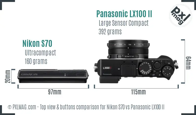 Nikon S70 vs Panasonic LX100 II top view buttons comparison