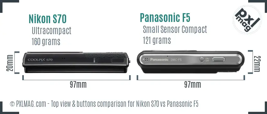 Nikon S70 vs Panasonic F5 top view buttons comparison