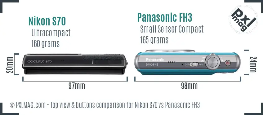 Nikon S70 vs Panasonic FH3 top view buttons comparison
