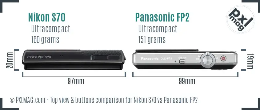 Nikon S70 vs Panasonic FP2 top view buttons comparison
