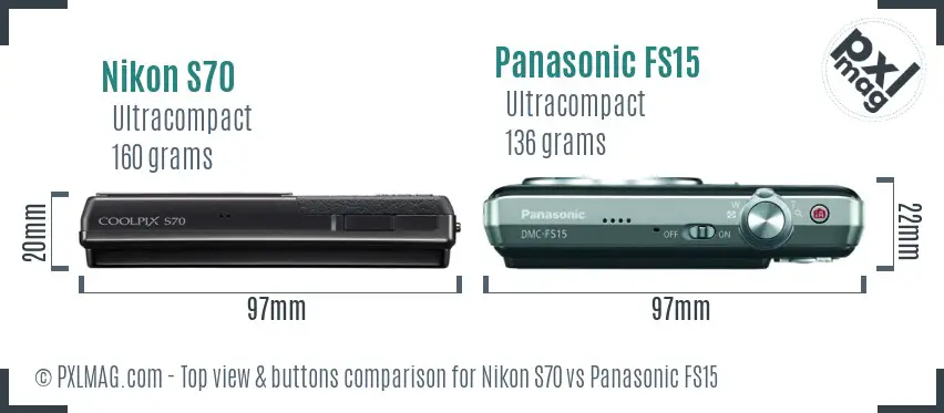 Nikon S70 vs Panasonic FS15 top view buttons comparison