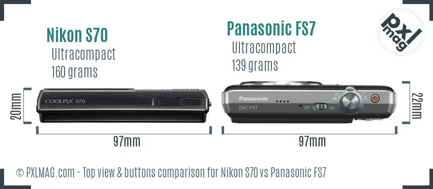 Nikon S70 vs Panasonic FS7 top view buttons comparison