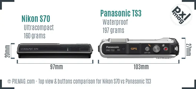Nikon S70 vs Panasonic TS3 top view buttons comparison
