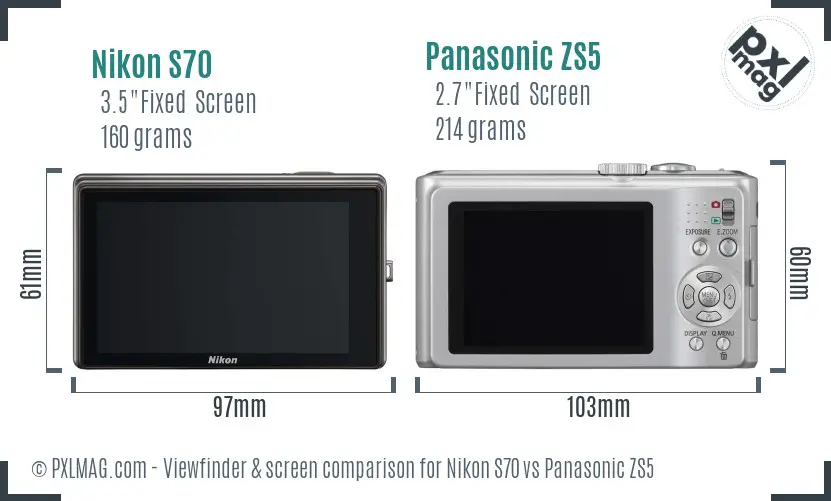 Nikon S70 vs Panasonic ZS5 Screen and Viewfinder comparison