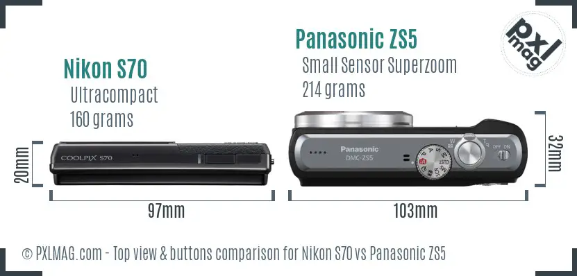Nikon S70 vs Panasonic ZS5 top view buttons comparison