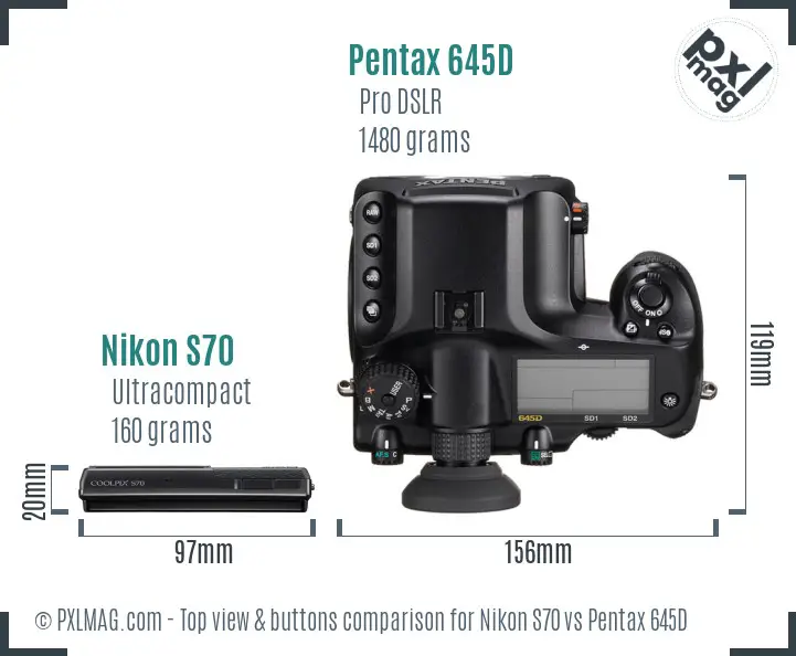 Nikon S70 vs Pentax 645D top view buttons comparison