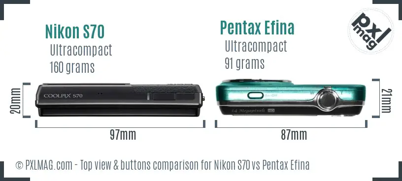 Nikon S70 vs Pentax Efina top view buttons comparison