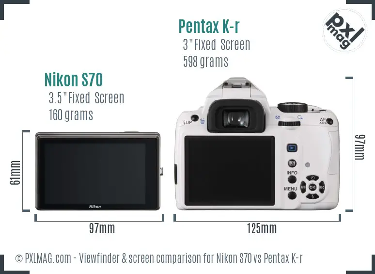Nikon S70 vs Pentax K-r Screen and Viewfinder comparison