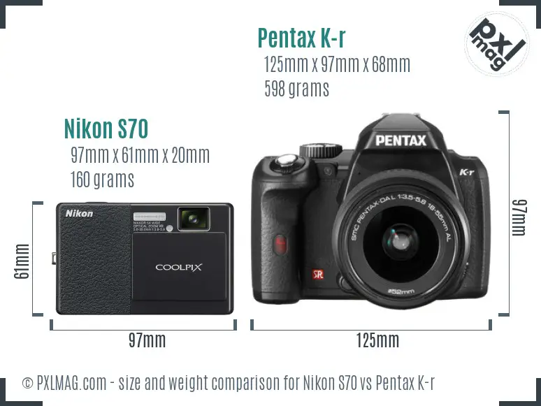Nikon S70 vs Pentax K-r size comparison