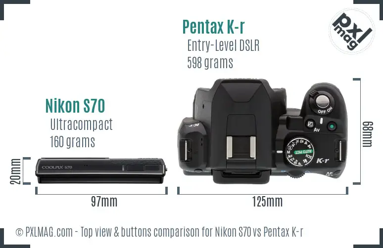 Nikon S70 vs Pentax K-r top view buttons comparison