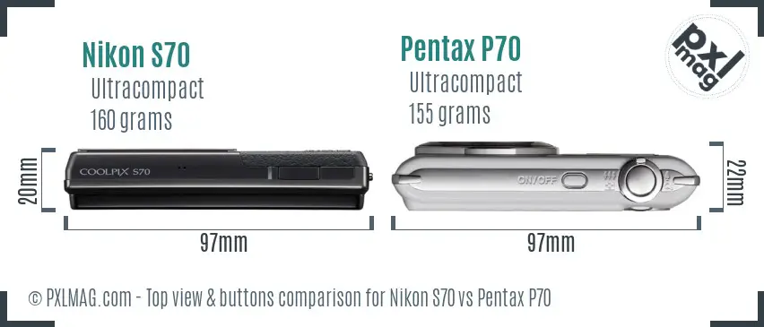 Nikon S70 vs Pentax P70 top view buttons comparison