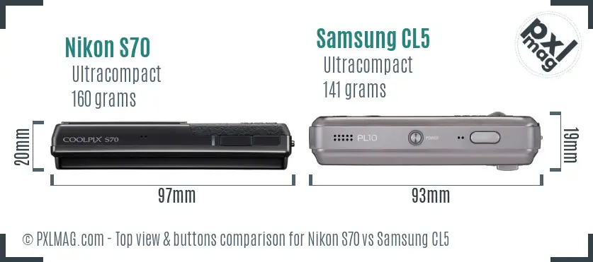 Nikon S70 vs Samsung CL5 top view buttons comparison