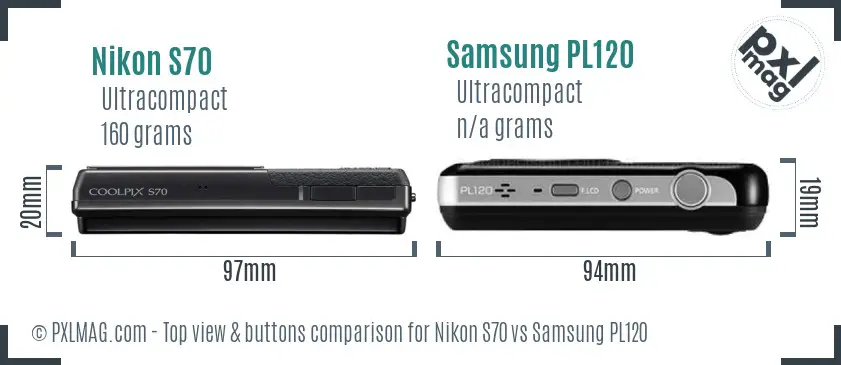 Nikon S70 vs Samsung PL120 top view buttons comparison