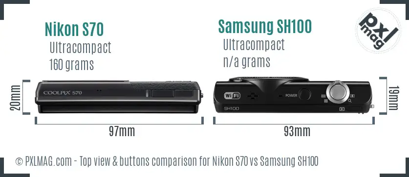 Nikon S70 vs Samsung SH100 top view buttons comparison