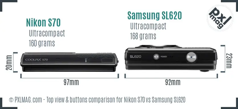 Nikon S70 vs Samsung SL620 top view buttons comparison