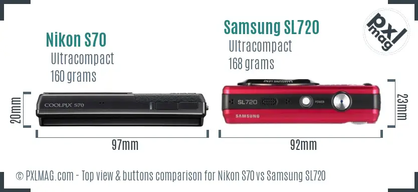 Nikon S70 vs Samsung SL720 top view buttons comparison