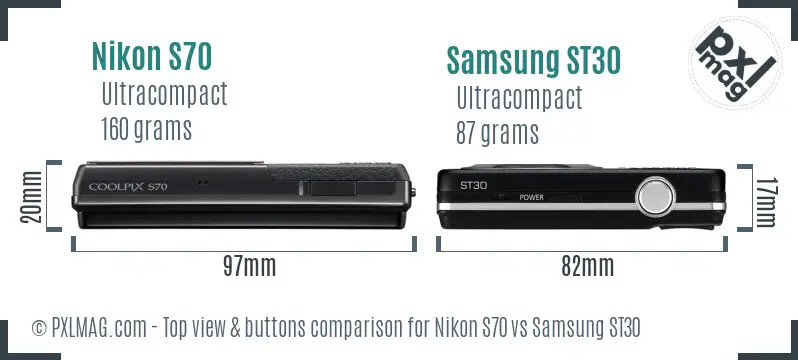 Nikon S70 vs Samsung ST30 top view buttons comparison