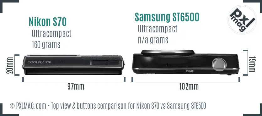 Nikon S70 vs Samsung ST6500 top view buttons comparison
